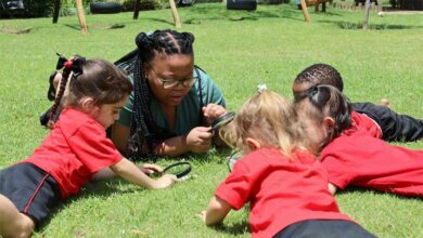 Dinah Phala with some of the learners she teaches at the school.