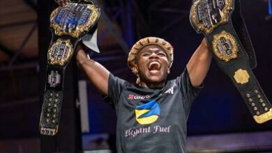 Nkazimulo King Shaka Zulu with his title belts.