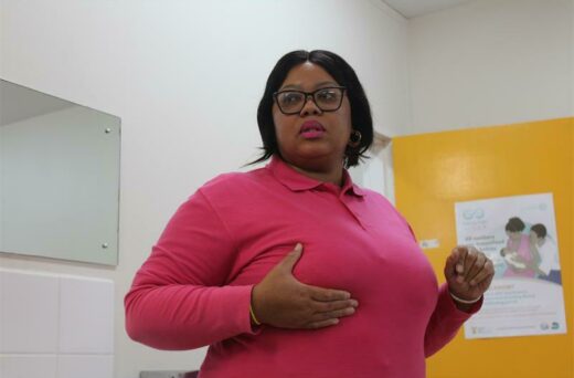 Professional nurse Paballo Maboee demonstrates how to prepare one's breast before feeding. Photo: Asanda Matlhare