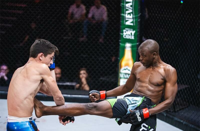 Tebatso Molele lands a body kick on Willie van Rooyen.