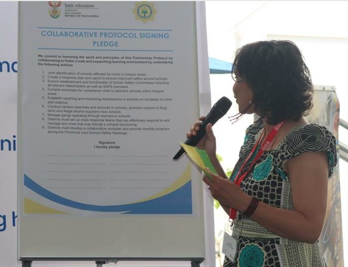 Kim Cloate reading the pledge during the formal pledge signing ceremony between the Gauteng Department of Education, South African Police Service, and Gauteng school learners at Henley Business School on October 15, 2025. Photo: Ayanda Ntshingila