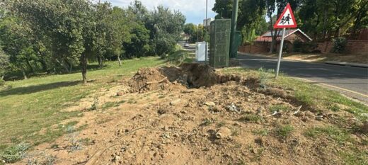 Excavation left by a pipe burst at the corner of Stonehaven Street and Brackenhill Street in Paulshof on October 09, 2025. Photo: Supplied