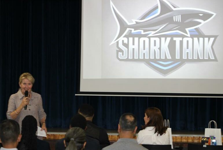 Angela Lovell, FET phase head at Cedarwood School, provides the welcome and opening address to Cedarwood School Shark Tank Evening, held on October 9, 2025. Photo: Supplied.