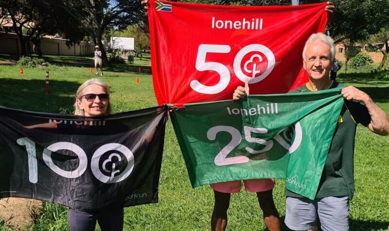 Andrea Antel and Ward 94 councillor David Foley celebrate his 400th parkrun at Lonehill Park on November 22, 2025. Photo: Supplied