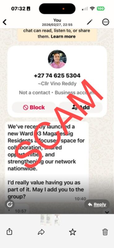 Ward 93 councillor Vino Reddy has distanced himself from messages claiming he launched a new Magaliesig residents’ group, warning the community of a possible scam.