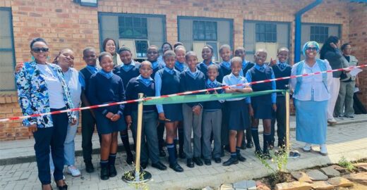 Reshomile Primary School learners and their educators look excited for the opening of their mini water-wise garden at their school on March 17, 2026. Photo: Reitumetse Gugushe