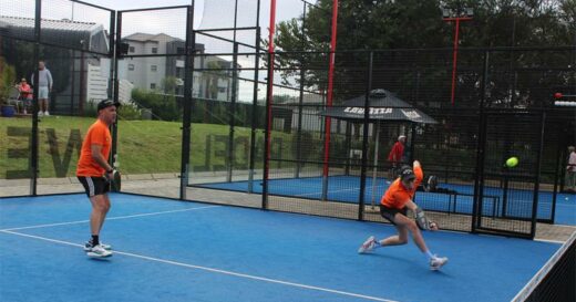 Players in orange battling it out with white team in an exciting exchange for Freedom Fay clash at Match Padel Cedar in April 27, 2026. Photo: Ayanda Ntshingila