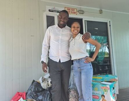 Jabu Khoza and Cleopatra Fothane receiving a donation from Con Brio Cares, a local non-profit of essential baby items and knitted comfort dolls for the clinic’s Diepsloot Orphan and Vulnerable Children (OVC) on April 17, 2026. Photo: Supplied
