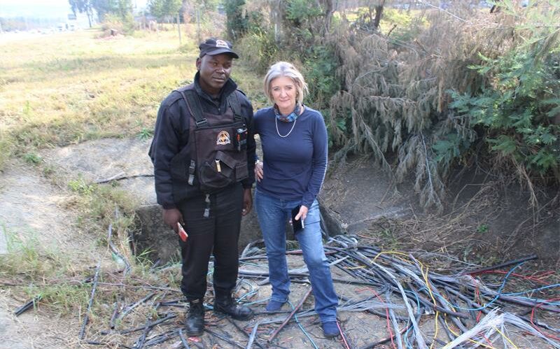 Resident Tracy Kensey and Lawrence Shuma, from Saviki Special Ops, where cables are kept on June 25, 2026. Photo: Ayanda Ntshingila