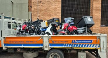 JMPD impounds delivery bikes parked outside Hammets Crossing on June 22, 2026. Photo: Supplied