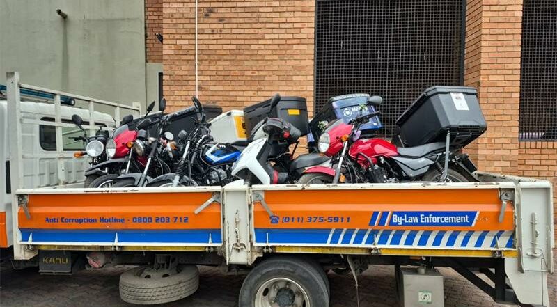 JMPD impounds delivery bikes parked outside Hammets Crossing on June 22, 2026. Photo: Supplied