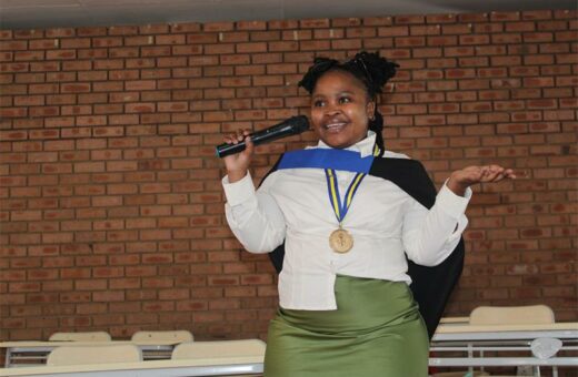 Onthatile Mosweu gives a motivational speech to learners on June 11, 2026. Photo: Reitumetse Gugushe