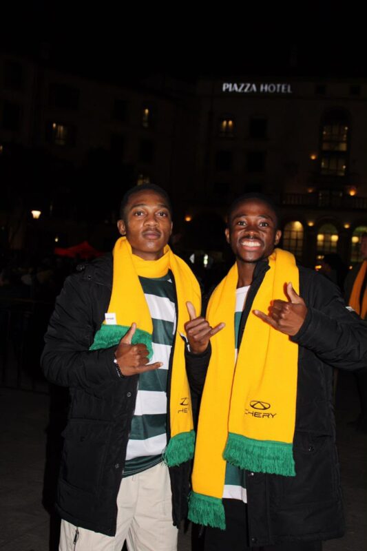 Senzo Shozi and Siyabonga Mtshali show their support for Bafana Bafana while watching the national team take on Mexico on June 11, 2026. Photo: Ditiro Masuku