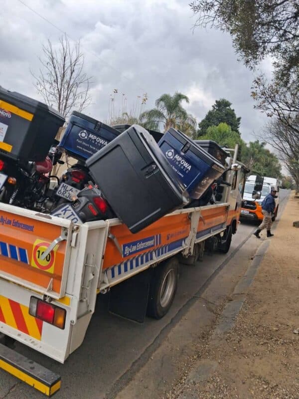 JMPD impounds delivery bikes parked outside Hammets Crossing on June 22, 2026. Photo: Supplie