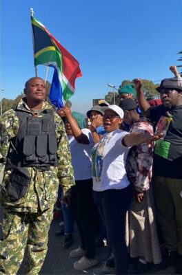 Community of Diepsloot, led by Jacob Shika, after arriving at the police station to submit their memorandum on July 16, 2026. Photo: Reitumetse Gugushe