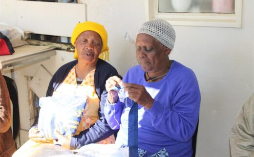 Sarina Seakamela and Anna Maimela sew during their daily meeting on July 17, 2025. Photo: Ayanda Ntshingila