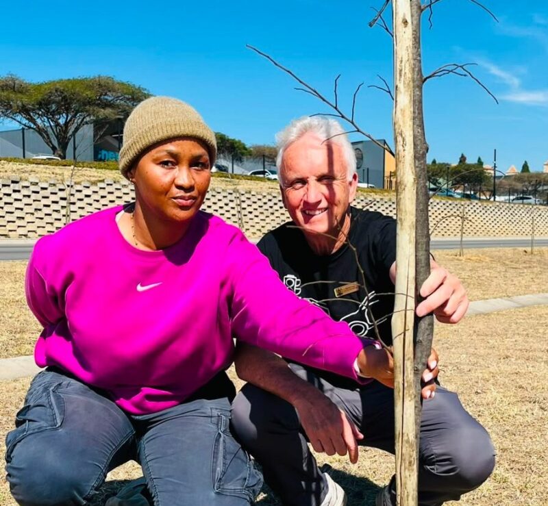 Mmankwe Sebatjane and David Foley inspect some of the 3 000 trees planted last year on August 18, 2026. Photo: Ditiro Masuku