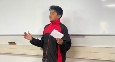 Shikhar Kalichuran demonstrates confidence and focus as he presents his speech to the judges and audience during the school’s public-speaking competition on August 20, 2026. Photo: Ayanda Ntshingila