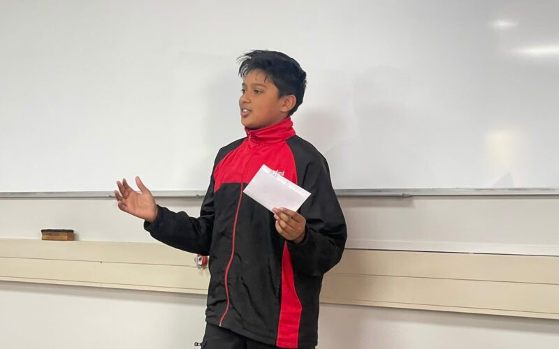 Shikhar Kalichuran demonstrates confidence and focus as he presents his speech to the judges and audience during the school’s public-speaking competition on August 20, 2026. Photo: Ayanda Ntshingila