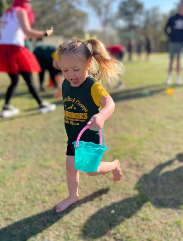 Lilly Sutherland during water-in-the-bucket race the Little Steps annual Sports day at Kings College on August 29, 2026. Photo: Ayanda Ntshingila