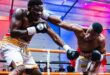 Denis Mwale takes a right hand from Simnikiwe Bongco at the Aquila boxing promotions event in Sandton on July 25, 2026. Photo: Supplied