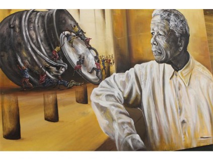 This image is representative of the time that former President Nelson Mandela visited his old jail cell. Here he looks out the window and realises that his vision of a Rainbow Nation has become a reality.
