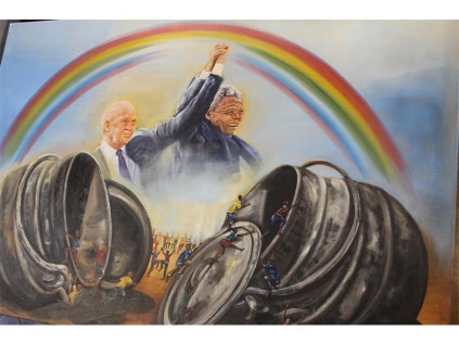 The first painting of the series is of former South African presidents, FW De Klerk and Nelson Mandela. This represents unity of South African people and the realisation of a democratic South Africa.