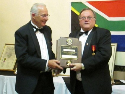 Past President, Tony Norris (left), from the Boksburg Lions Club, received the prestigious Melvin Fellowship award district governor for the Lions, Nick Mare, on Saturday night, July 27, at a Lions induction ceremony at The Mannah Executive Guest Lodge. Photo taken by Kevin van der List.
