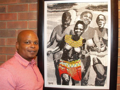 The Ekurhuleni Prize winner was Sinalo Ntuli for his beads-on-canvas work titled "The Lead Singer",