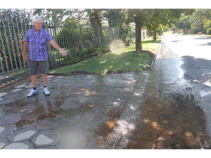 Frik Dorfling points at the pavement where water gushes out from an alleged burst pipe.