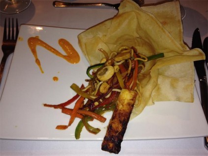 For starters, Asian vegetable stirfry with assorted nuts were served in a fried noodle basket with grilled Haloumi cheese.