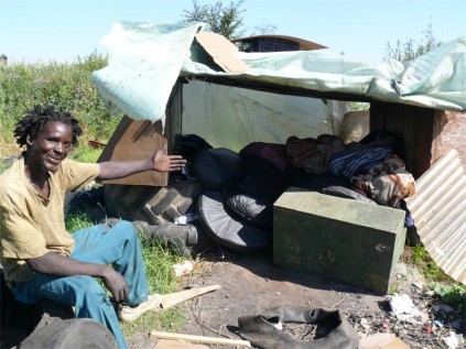 Paulos Mhlanga at his old "home" in the bush.