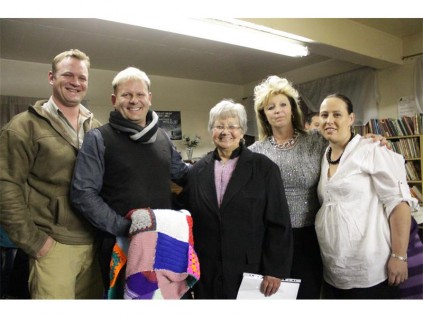 Heinrich Shulze (Winter Knights), Charl Scholtz (Winter Knights), Christa Vosloo (Scribante resident), Rosa Herbst (Chain of Hope) and Wendy Labuschagne (Chain of Hope) during the handover at Scribante Haven.