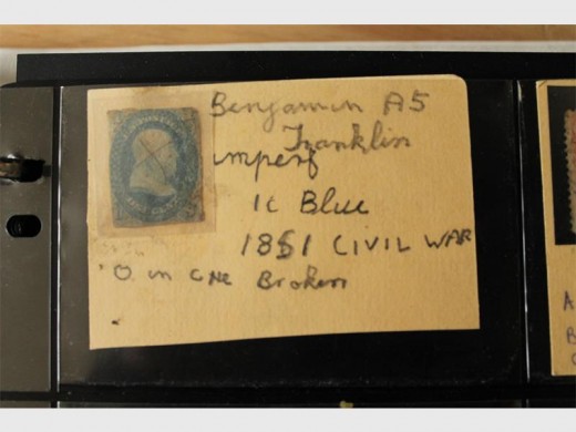 Corrie's favourite stamp: a One Cent Blue Imperf Benjamin Franklin.