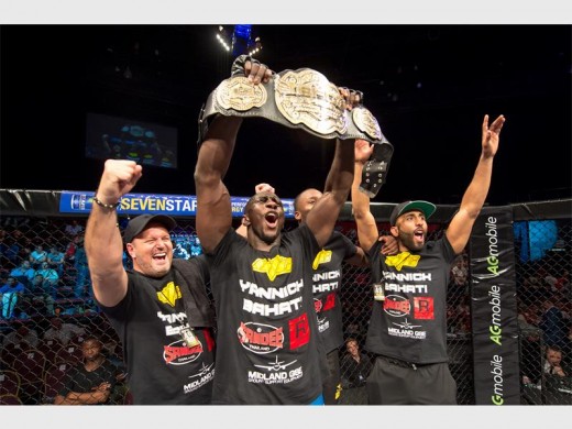Yannick Bahati celebrates his vacant middleweight title win. Photographer: EFC Worldwide 49 Fight Night.