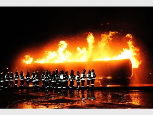 Under the supervision of their instructors, the trainees battled highly-flammable Jet fuel fires from several fuel storage tanks, and successfully extinguished all of them.