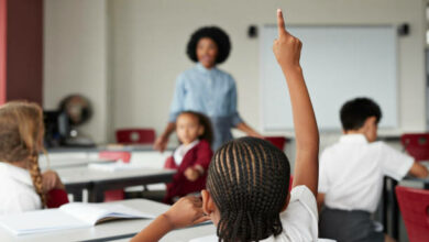 Children at modern school facility