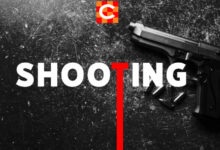 Stock image created by Caxton Media of a pistol laying on the ground with the word shooting in capital letters
