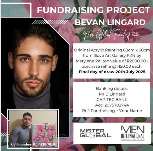 The Mr Global SA finalist's call for support through this unique raffle merges the worlds of fashion, art, and local pride.