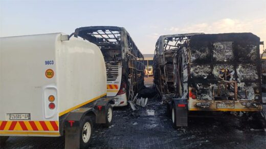Greyhound buses have been left destroyed after a huge fire erupted at the depot in Jet Park on Sunday afternoon, August 17. Greyhound buses have been left destroyed after a huge fire erupted at the depot in Jet Park on Sunday afternoon, August 17.