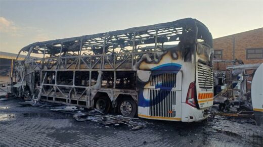 Greyhound buses have been left destroyed after a huge fire erupted at the depot in Jet Park on Sunday afternoon, August 17. Greyhound buses have been left destroyed after a huge fire erupted at the depot in Jet Park on Sunday afternoon, August 17.