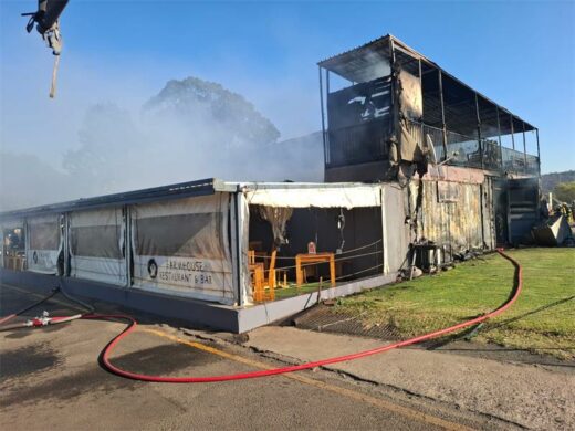 The charred skeleton of the Alberton business which was ravaged by fire this morning.