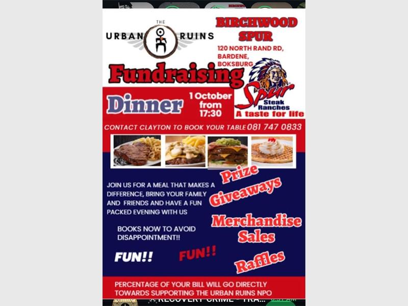 Join The Urban Ruins at Birchwood Spur on October 1 from 17:30 for a fundraising dinner.