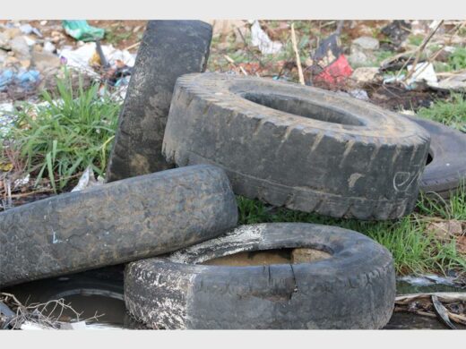 Illegally dumped tyres next to a road
