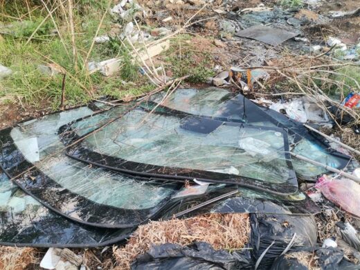 Illegally dumped glass panes next a road