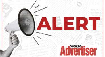 White background image with an image of a loudhailer and the word alert in red and the Boksburg Advertiser logo.