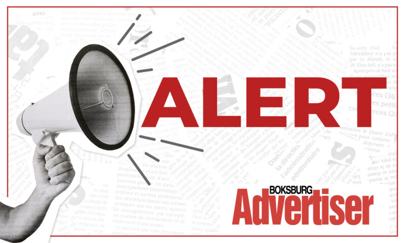 White background image with an image of a loudhailer and the word alert in red and the Boksburg Advertiser logo.