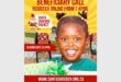 A poster promoting Santa Shoebox Project depicting a yellow sunrise in the background, red text and a smiling black girl with two pigtails.