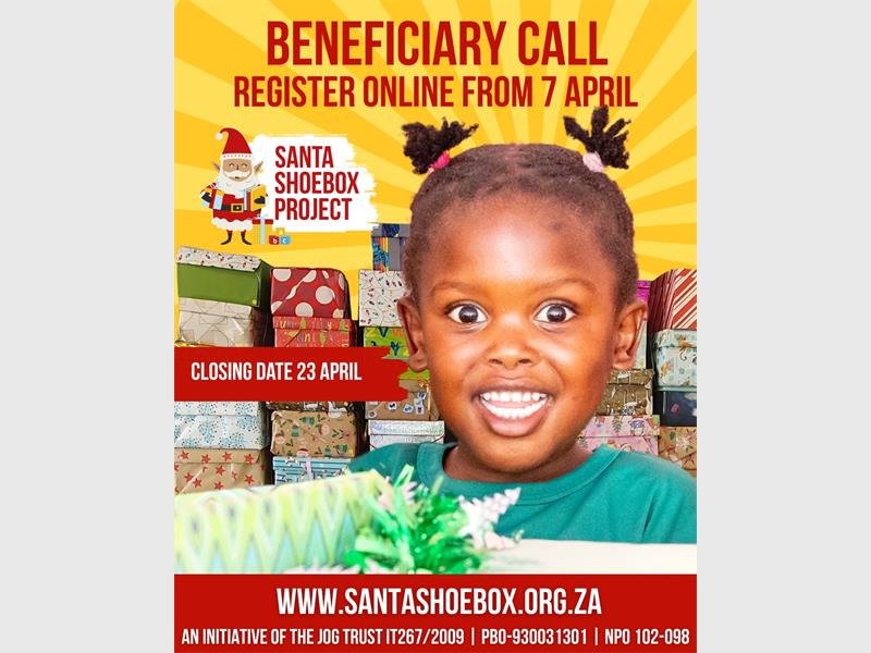 A poster promoting Santa Shoebox Project depicting a yellow sunrise in the background, red text and a smiling black girl with two pigtails.