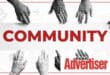 A black and white image showing hands of different colours reaching into the word Community with the Boksburg Advertiser logo.